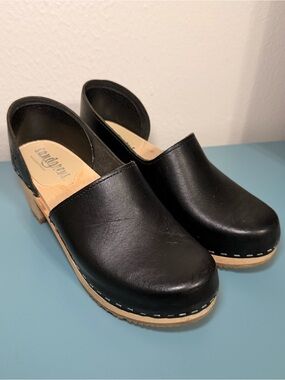 Black Leather Clog Mules with Natural Wood Sole size 38
